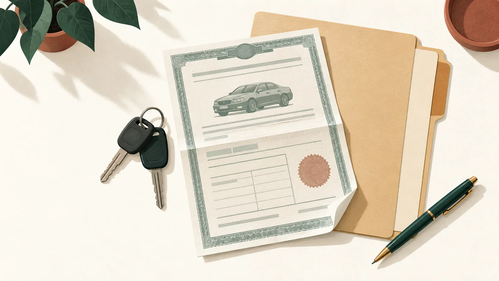 Vehicle title certificate, car keys and a document folder